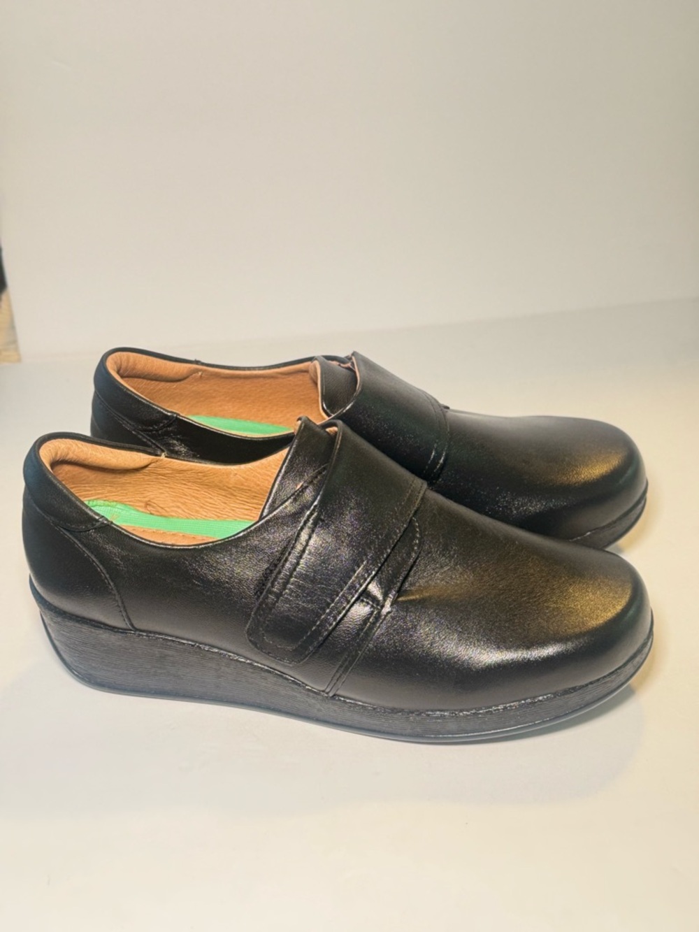 Black Leather Slip-On Wedge Shoes